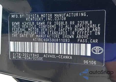 2009 Toyota Camry Le из США, поврежденный, VIN 4T1BE46K59U811093